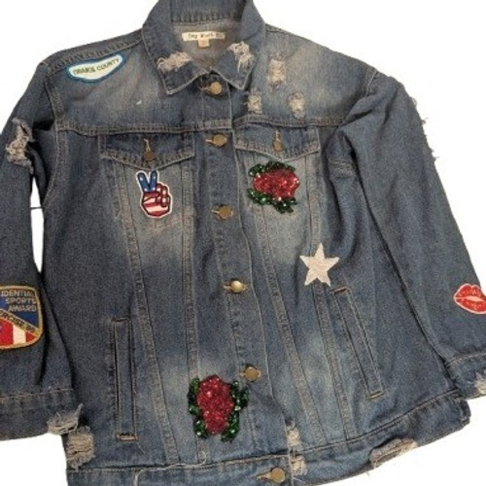 Say What? Oversized Denim Jacket XS Sequin Tiger Rose Patches Distressed Jean
